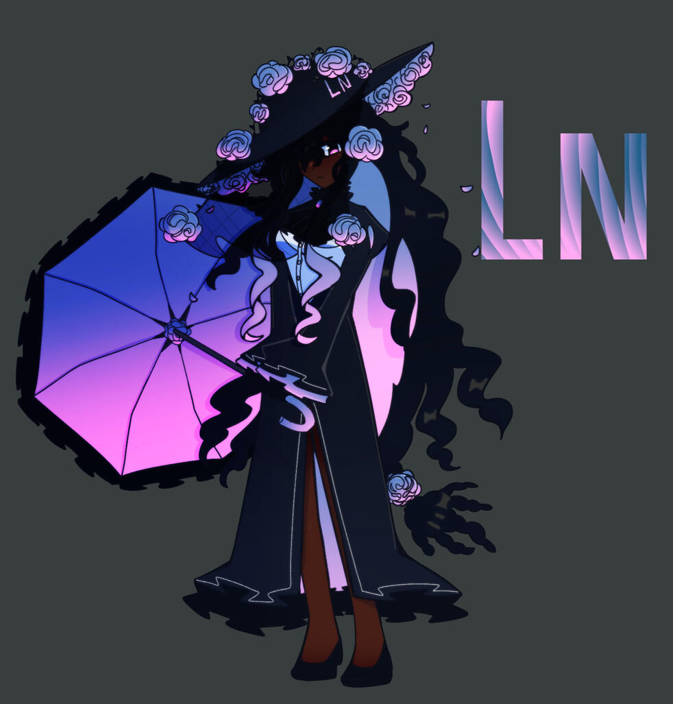she has long curly black hair, with a blue/pink gradient along the inner layer. she has dark skin. she has pink eyes. she has black, blue and pink funeral themed attire. she has long curly black hair, with a blue/pink gradient along the inner layer. she has dark skin. she has pink eyes. she has black, blue and pink funeral themed attire.