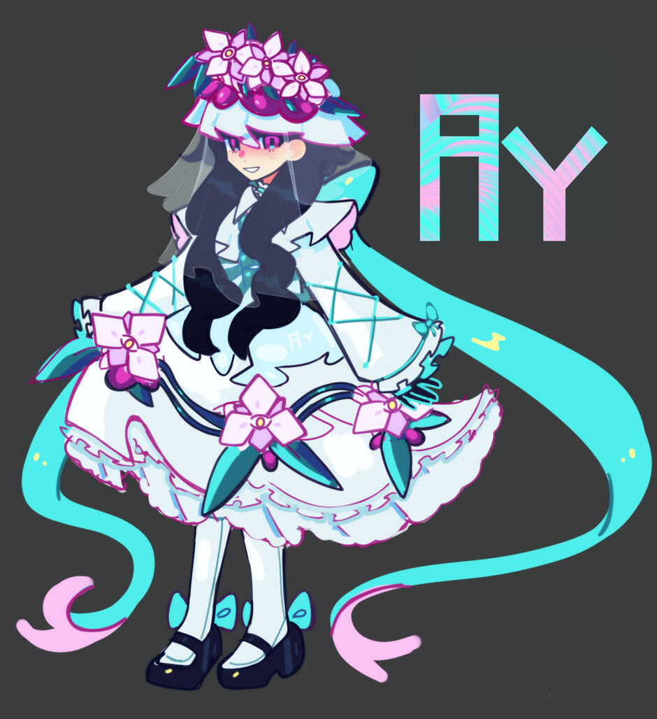 she has long black hair coming over the fronts of her shoulders, and pale skin. she has dark magenta eyes. she dresses in pink, white and cyan lolita fashion, with iris flowers and eye motifs. she has long black hair coming over the fronts of her shoulders, and pale skin. she has dark magenta eyes. she dresses in pink, white and cyan lolita fashion, with iris flowers and eye motifs.
