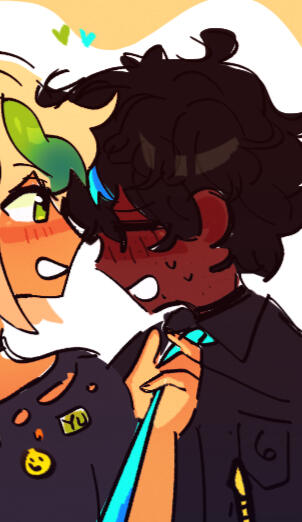 He has dark skin and short black hair. He has a cyan tuft of hair. He has freckles and a lip piercing. He is with Yuma Synth V in this image He has dark skin and short black hair. He has a cyan tuft of hair. He has freckles and a lip piercing. He is with Yuma Synth V in this image