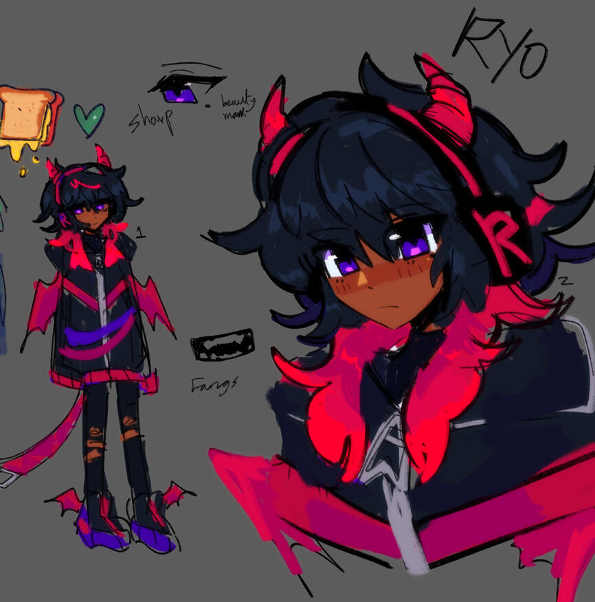 He has dark skin with mid length black and red hair, red tufts coming down his shoulders. He has purple eyes. He has headphones with dragon horns sticking up from his head. He has dark skin with mid length black and red hair, red tufts coming down his shoulders. He has purple eyes. He has headphones with dragon horns sticking up from his head.