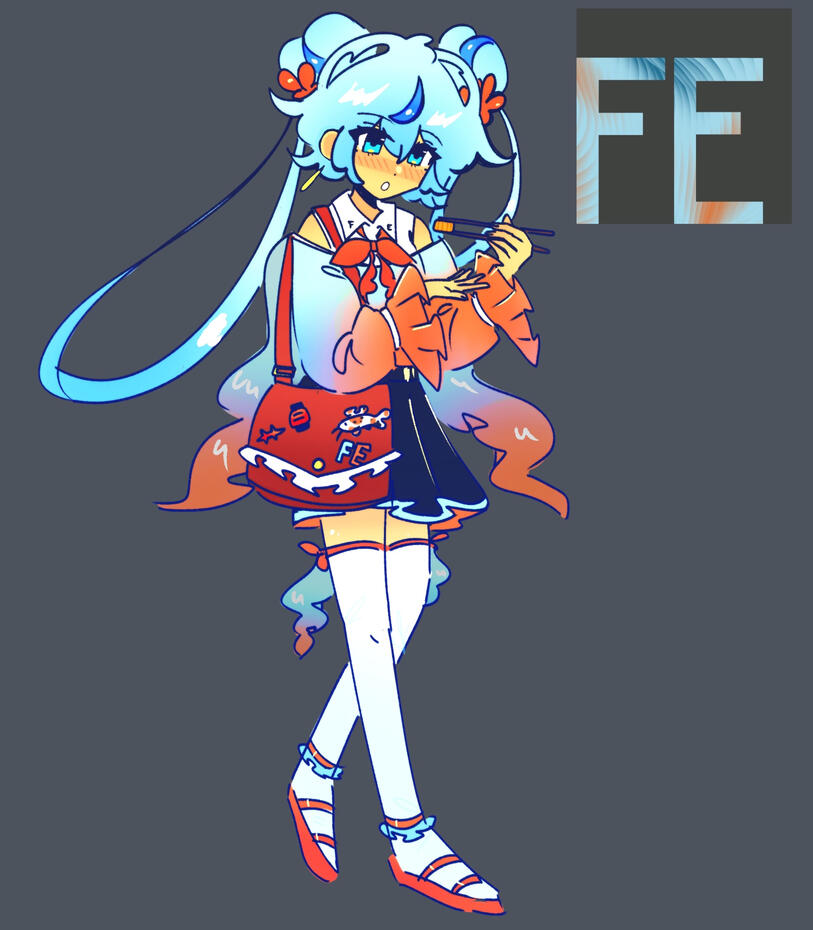 She has pale skin and long light blue hair in buns held with orange accessories, with darker blue tufts. She has long loops of hair coming from the buns. She has blue eyes. She has an earring dangling from her right ear. She has pale skin and long light blue hair in buns held with orange accessories, with darker blue tufts. She has long loops of hair coming from the buns. She has blue eyes. She has an earring dangling from her right ear.