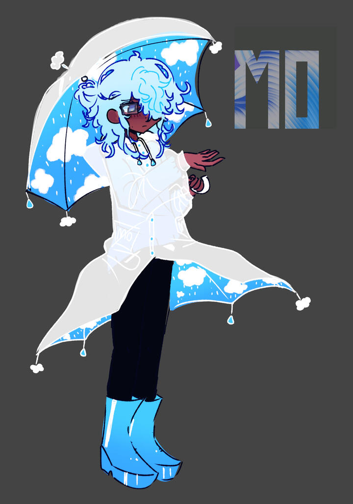 He has dark skin and shoulder length light blue hair in a bun. He has blue eyes. He has various beauty marks on his skin. He wears glasses. He has a stylised umbrella with a rain cloud and sky theme. He has dark skin and shoulder length light blue hair in a bun. He has blue eyes. He has various beauty marks on his skin. He wears glasses. He has a stylised umbrella with a rain cloud and sky theme.